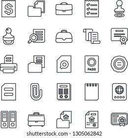 Thin Line Icon Set - passport vector, stamp, contract, office binder, document search, notepad, printer, receipt, folder, case, paper clip, checklist, estate, certificate