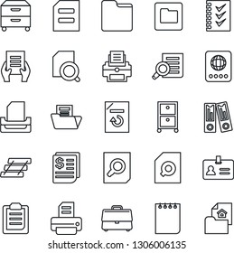 Thin Line Icon Set - passport vector, identity, office binder, document search, notepad, reload, printer, receipt, folder, clipboard, case, checklist, paper tray, archive box, estate