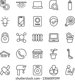 Thin Line Icon Set - passport vector, shop, document reload, flower in pot, seedling, molecule, satellite, client, shield, heavy, cell phone, laptop pc, speaker, search, notebook, house with garage