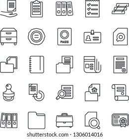 Thin Line Icon Set - passport vector, identity, document search, notepad, reload, stamp, contract, folder, news, clipboard, case, checklist, paper binder, tray, archive box, estate, certificate