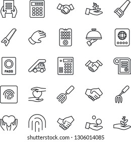Thin Line Icon Set - passport vector, ladder car, handshake, document, garden fork, glove, saw, heart hand, fingerprint id, waiter, remote control, combination lock, palm sproute, investment