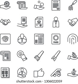 Thin Line Icon Set - passport vector, ladder car, handshake, document, garden fork, saw, client, touch screen, finger up, fingerprint id, contract, estate, waiter, combination lock, palm sproute