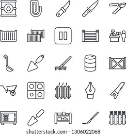 Thin Line Icon Set - passport control vector, safe, trowel, rake, wheelbarrow, pruner, saw, garden knife, scalpel, cargo container, oil barrel, rack, pause button, application, paper clip, ink pen