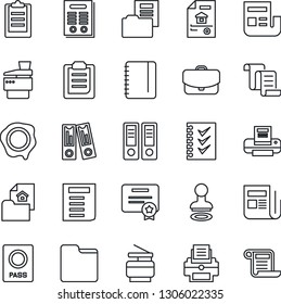 Thin Line Icon Set - passport vector, stamp, contract, office binder, notepad, document, news, folder, clipboard, checklist, printer, copier, estate, case, certificate