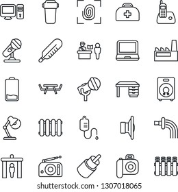 Thin Line Icon Set - passport control vector, security gate, desk, watering, picnic table, doctor case, dropper, thermometer, camera, microphone, radio, speaker, laptop pc, phone, low battery, rca