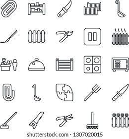 Thin Line Icon Set - passport control vector, safe, farm fork, rake, pruner, saw, hoe, garden knife, scalpel, cargo container, rack, pause button, application, paper clip, heater, dish, ladle