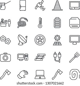 Thin Line Icon Set - passport control vector, border cone, gear, notebook pc, farm fork, glove, hose, axe, satellite antenna, camera, tv, monitor, battery, rca, hdmi, paper tray, sun panel, fridge