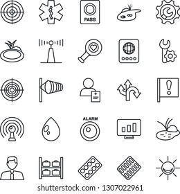 Thin Line Icon Set - passport vector, wind, luggage storage, statistic monitor, water drop, pond, heart diagnostic, pills blister, ambulance star, patient, route, important flag, antenna, root setup