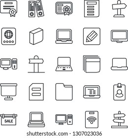 Thin Line Icon Set - passport vector, office binder, notebook pc, document, signpost, monitor, laptop, folder, notes, presentation board, blank box, sale, pass card, certificate, guidepost