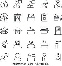 Thin Line Icon Set - passport control vector, security gate, reception, medical room, speaking man, manager place, run, doctor, support, client, speaker, identity card, desk, meeting, estate agent