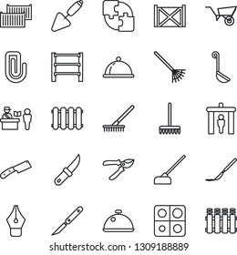 Thin Line Icon Set - passport control vector, security gate, trowel, rake, wheelbarrow, pruner, hoe, garden knife, scalpel, cargo container, rack, application, paper clip, ink pen, dish, ladle