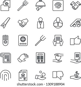 Thin Line Icon Set - passport vector, ladder car, document, farm fork, glove, saw, heart hand, client, finger up, down, fingerprint id, handshake, contract, estate, waiter, remote control