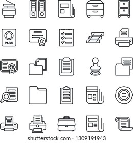 Thin Line Icon Set - passport vector, stamp, office binder, document search, printer, folder, news, clipboard, case, checklist, paper tray, archive box, copier, certificate, contract