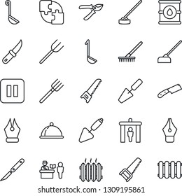 Thin Line Icon Set - passport control vector, security gate, trowel, farm fork, rake, pruner, saw, hoe, garden knife, scalpel, oil barrel, pause button, application, ink pen, heater, dish, ladle