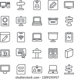 Thin Line Icon Set - passport vector, identity, office binder, notebook pc, document, pulse clipboard, signpost, monitor, laptop, notes, presentation board, blank box, sale, pass card, certificate