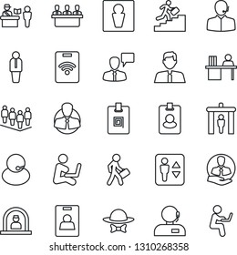 Thin Line Icon Set - passport control vector, security gate, elevator, male, reception, manager, speaking man, team, support, client, identity card, desk, meeting, career ladder, estate agent, pass
