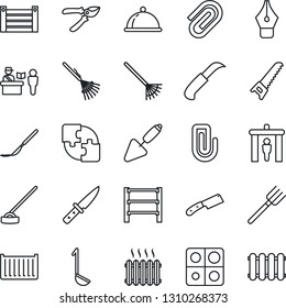 Thin Line Icon Set - passport control vector, security gate, trowel, farm fork, rake, pruner, saw, hoe, garden knife, scalpel, cargo container, rack, application, paper clip, ink pen, heater, dish