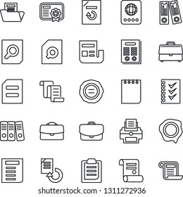 Thin Line Icon Set - passport vector, contract, office binder, document search, notepad, reload, stamp, clipboard, case, news, folder, checklist, paper, printer, certificate