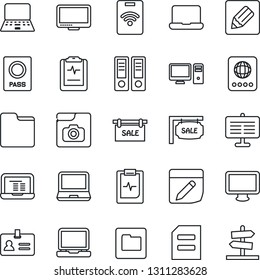 Thin Line Icon Set - passport vector, identity, office binder, notebook pc, document, pulse clipboard, monitor, laptop, folder, notes, photo gallery, presentation board, sale, pass card, guidepost