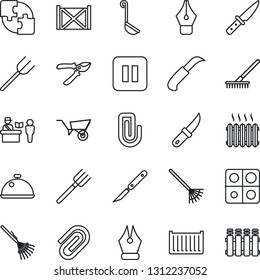 Thin Line Icon Set - passport control vector, farm fork, rake, wheelbarrow, pruner, garden knife, scalpel, cargo container, pause button, application, paper clip, ink pen, heater, dish, ladle