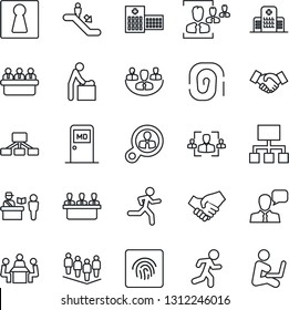Thin Line Icon Set - passport control vector, escalator, female, baby room, medical, handshake, team, meeting, run, hospital, speaker, fingerprint id, company, hr, consumer search, hierarchy
