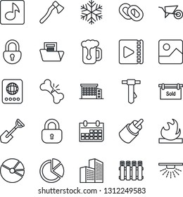 Thin Line Icon Set - passport vector, tie, calendar, shovel, wheelbarrow, axe, broken bone, flammable, chain, rca, gallery, lock, music, video, office building, pie graph, document folder, beer