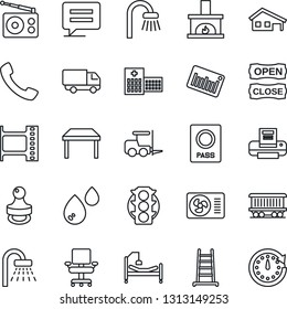 Thin Line Icon Set - passport vector, shower, fork loader, ladder, hospital bed, railroad, traffic light, car delivery, barcode, film frame, radio, call, message, office chair, printer, stamp, table