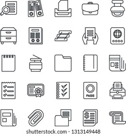 Thin Line Icon Set - passport vector, office binder, document search, notepad, receipt, folder, news, paper clip, checklist, printer, tray, archive box, copier, contract, stamp, case, certificate