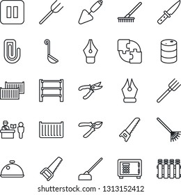 Thin Line Icon Set - passport control vector, safe, trowel, farm fork, rake, pruner, saw, hoe, cargo container, oil barrel, rack, pause button, application, paper clip, ink pen, dish, ladle, knife