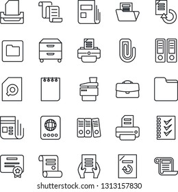Thin Line Icon Set - passport vector, contract, office binder, notepad, document, reload, printer, news, folder, case, paper clip, search, checklist, tray, archive box, copier, certificate