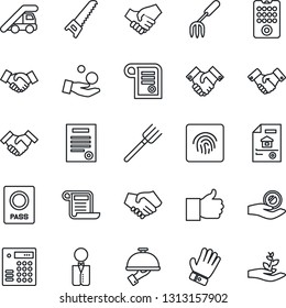 Thin Line Icon Set - passport vector, ladder car, handshake, garden fork, farm, glove, saw, finger up, fingerprint id, contract, estate document, waiter, remote control, combination lock, investment