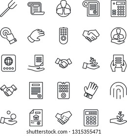 Thin Line Icon Set - passport vector, handshake, document, farm fork, glove, client, touch screen, fingerprint id, contract, estate, remote control, combination lock, palm sproute, investment