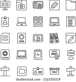 Thin Line Icon Set - passport vector, identity, office binder, notebook pc, document, pulse clipboard, signpost, laptop, folder, notes, photo gallery, presentation board, sale, pass card, guidepost