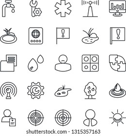 Thin Line Icon Set - passport vector, statistic monitor, pond, ambulance star, patient, important flag, folder document, antenna, application, root setup, target, water supply, fruit tree, alarm led