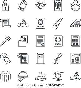 Thin Line Icon Set - passport vector, ladder car, medical room, handshake, garden fork, farm, glove, saw, heart hand, client, touch screen, fingerprint id, contract, estate document, waiter