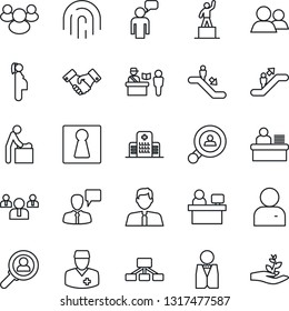 Thin Line Icon Set - passport control vector, escalator, female, baby room, handshake, speaking man, pedestal, team, manager place, hospital, doctor, pregnancy, group, user, fingerprint id, desk