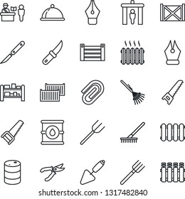 Thin Line Icon Set - passport control vector, security gate, trowel, farm fork, rake, pruner, saw, garden knife, scalpel, cargo container, oil barrel, rack, paper clip, ink pen, heater, dish