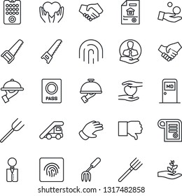 Thin Line Icon Set - passport vector, ladder car, medical room, garden fork, farm, glove, saw, heart hand, client, finger down, fingerprint id, estate document, waiter, remote control, handshake