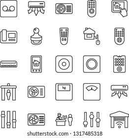 Thin Line Icon Set - passport control vector, security gate, scales, settings, remote, rec button, record, stamp, air conditioner, home, intercome, app, garage