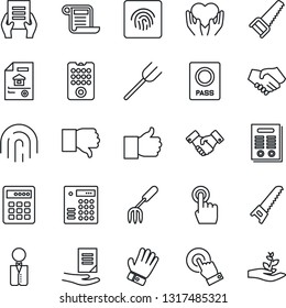 Thin Line Icon Set - passport vector, handshake, document, garden fork, farm, glove, saw, heart hand, touch screen, finger up, down, fingerprint id, contract, estate, waiter, remote control
