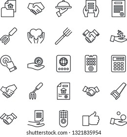 Thin Line Icon Set - passport vector, handshake, document, garden fork, farm, saw, heart hand, touch screen, finger up, contract, estate, waiter, remote control, combination lock, palm sproute