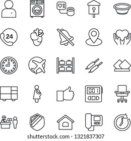 Thin Line Icon Set - passport control vector, luggage storage, bird house, blood pressure, heart hand, real, pregnancy, pin, plane, 24 hours, clock, consolidated cargo, shield, finger up, user, mute
