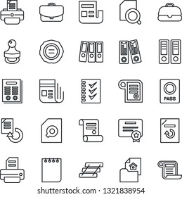 Thin Line Icon Set - passport vector, office binder, notepad, document reload, stamp, printer, contract, news, search, checklist, paper, tray, estate, case, certificate