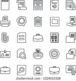 Thin Line Icon Set - passport vector, identity, office binder, document search, notepad, reload, stamp, printer, contract, folder, news, clipboard, case, paper clip, estate, certificate