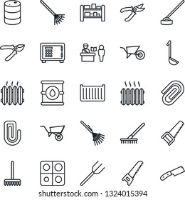 Thin Line Icon Set - passport control vector, safe, farm fork, rake, wheelbarrow, pruner, saw, hoe, cargo container, oil barrel, rack, application, paper clip, heater, ladle, knife