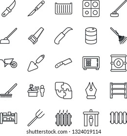 Thin Line Icon Set - passport control vector, security gate, safe, trowel, farm fork, rake, wheelbarrow, saw, hoe, garden knife, scalpel, cargo container, oil barrel, rack, application, ink pen