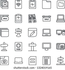 Thin Line Icon Set - passport vector, office binder, document, pulse clipboard, signpost, monitor, laptop pc, folder, notes, photo gallery, blank box, notebook, sale, pass card, certificate