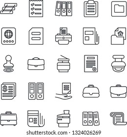 Thin Line Icon Set - passport vector, stamp, office binder, document, printer, receipt, news, folder, clipboard, case, checklist, paper, tray, copier, contract, estate