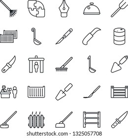 Thin Line Icon Set - passport control vector, security gate, trowel, farm fork, rake, hoe, garden knife, scalpel, cargo container, oil barrel, rack, application, ink pen, heater, dish, ladle