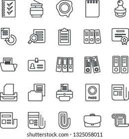 Thin Line Icon Set - passport vector, identity, office binder, document search, notepad, reload, stamp, printer, news, clipboard, paper clip, folder, checklist, tray, copier, case, certificate